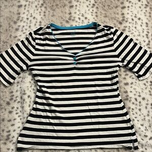 Altered Black and White Striped  V-Neck Top With Blue Accents